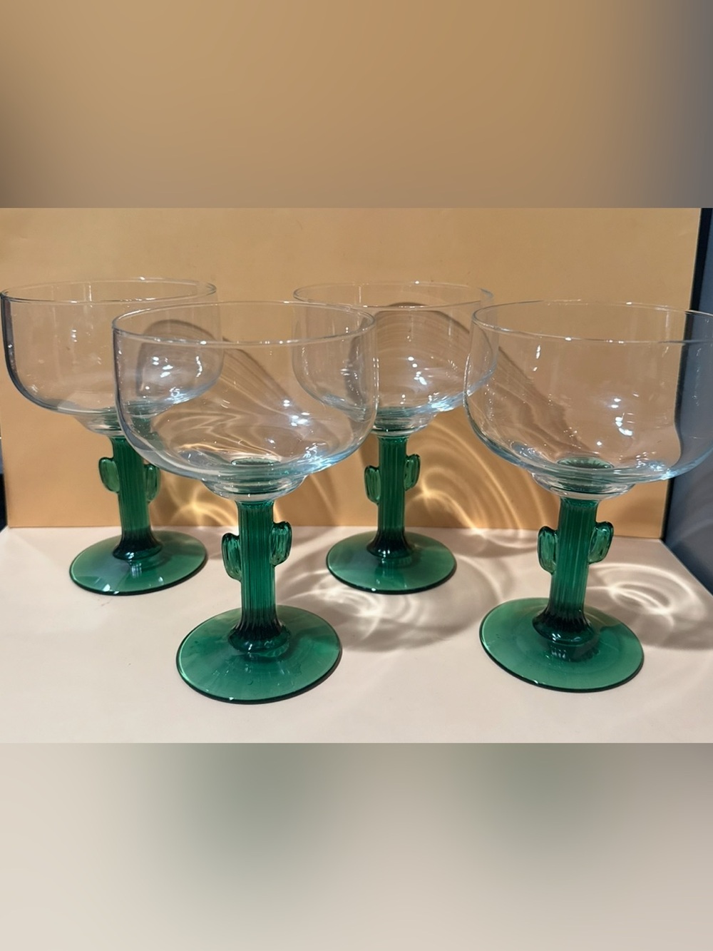 Vintage Green Cactus Stem Margarita Glasses - Set of 4